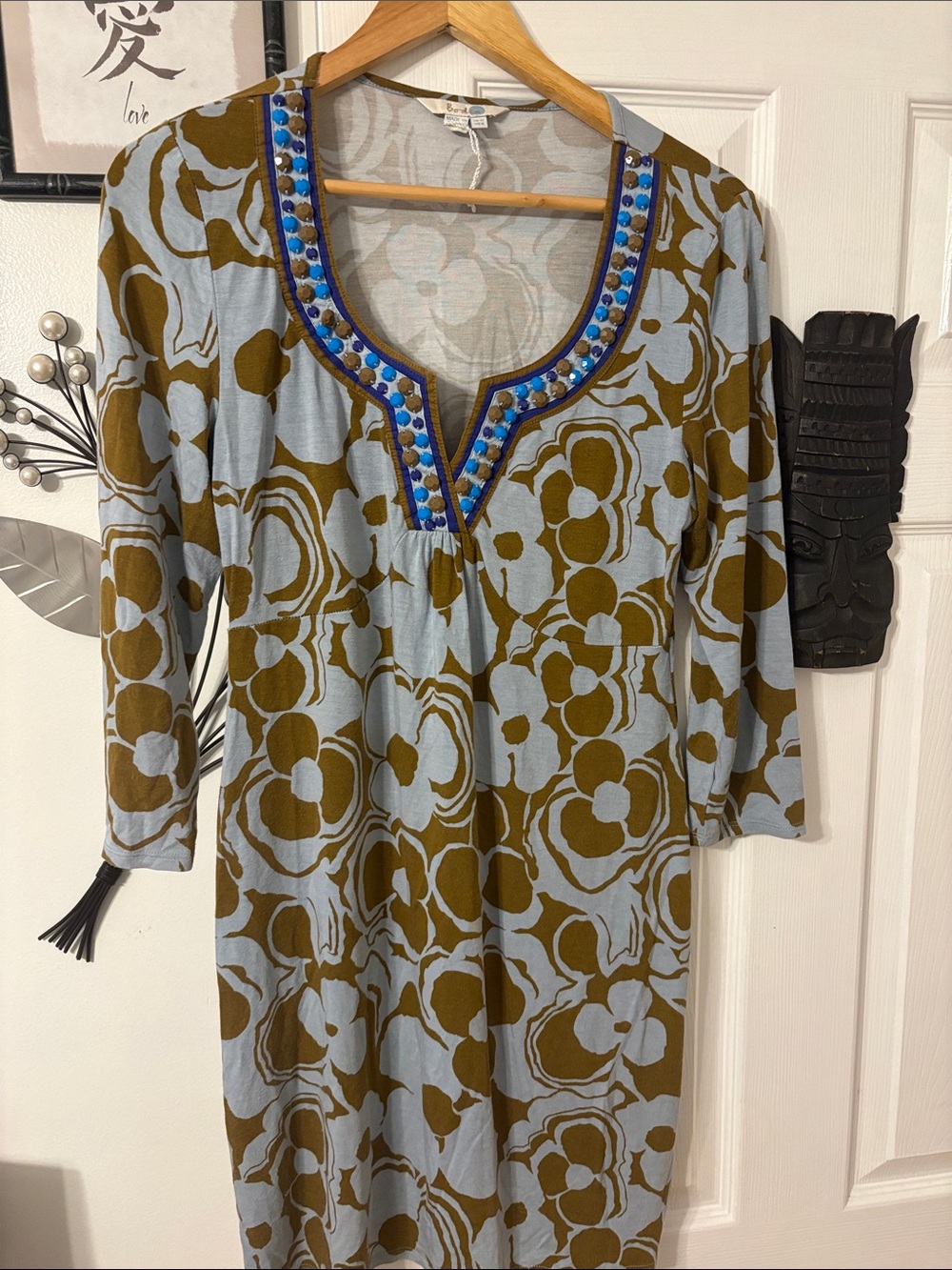 Boden Beaded Scoop-Neck Mini Dress in Light Blue and Olive